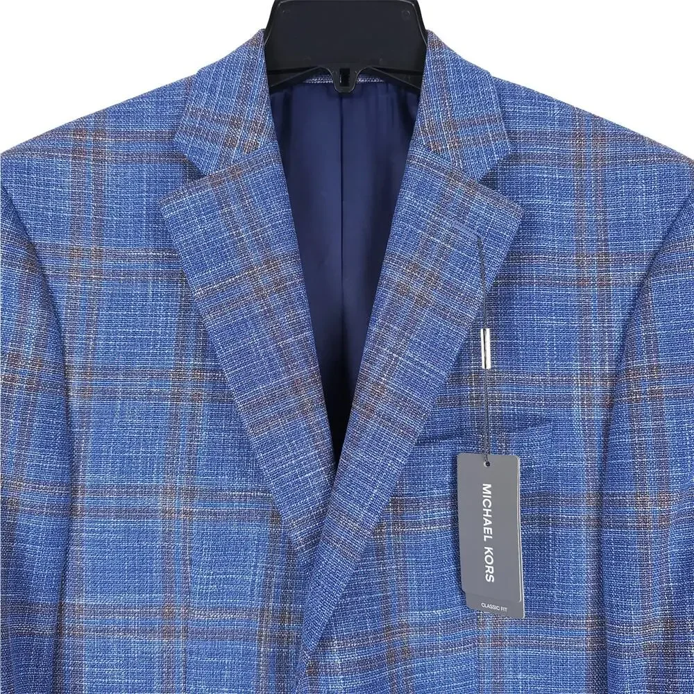 Michael Kors Mens Classic Fit Sport Coat Blazer 52R Blue Beige Plaid Stretch NWT